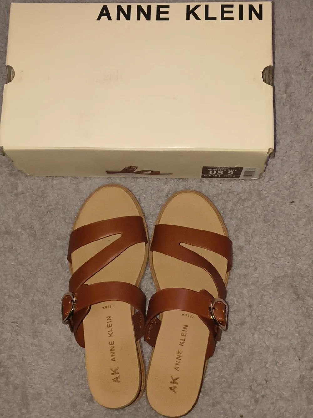 Anne Klein Brown Leather Buckle Slide Sandals